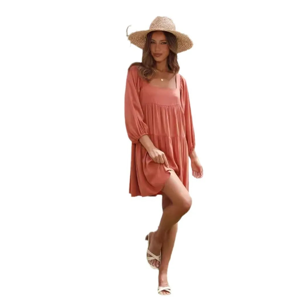 Children's square collar puff sleeve backless A-line dress in orange or light blue