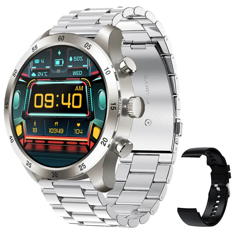 Black smart watch with steel bracelet showing heart rate monitoring and call display on screen.