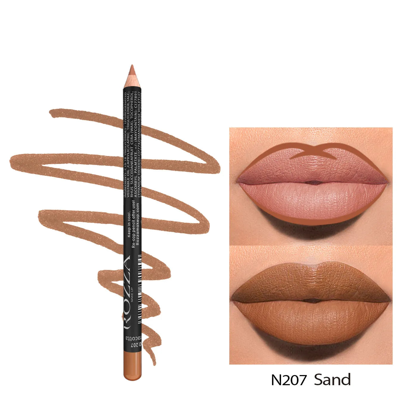 Wood-cased matte lip liner pencil in one of fourteen shades, shown on a hand