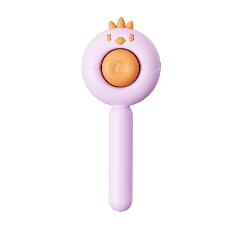 Purple pet grooming brush with bent stainless steel bristles and self-cleaning button