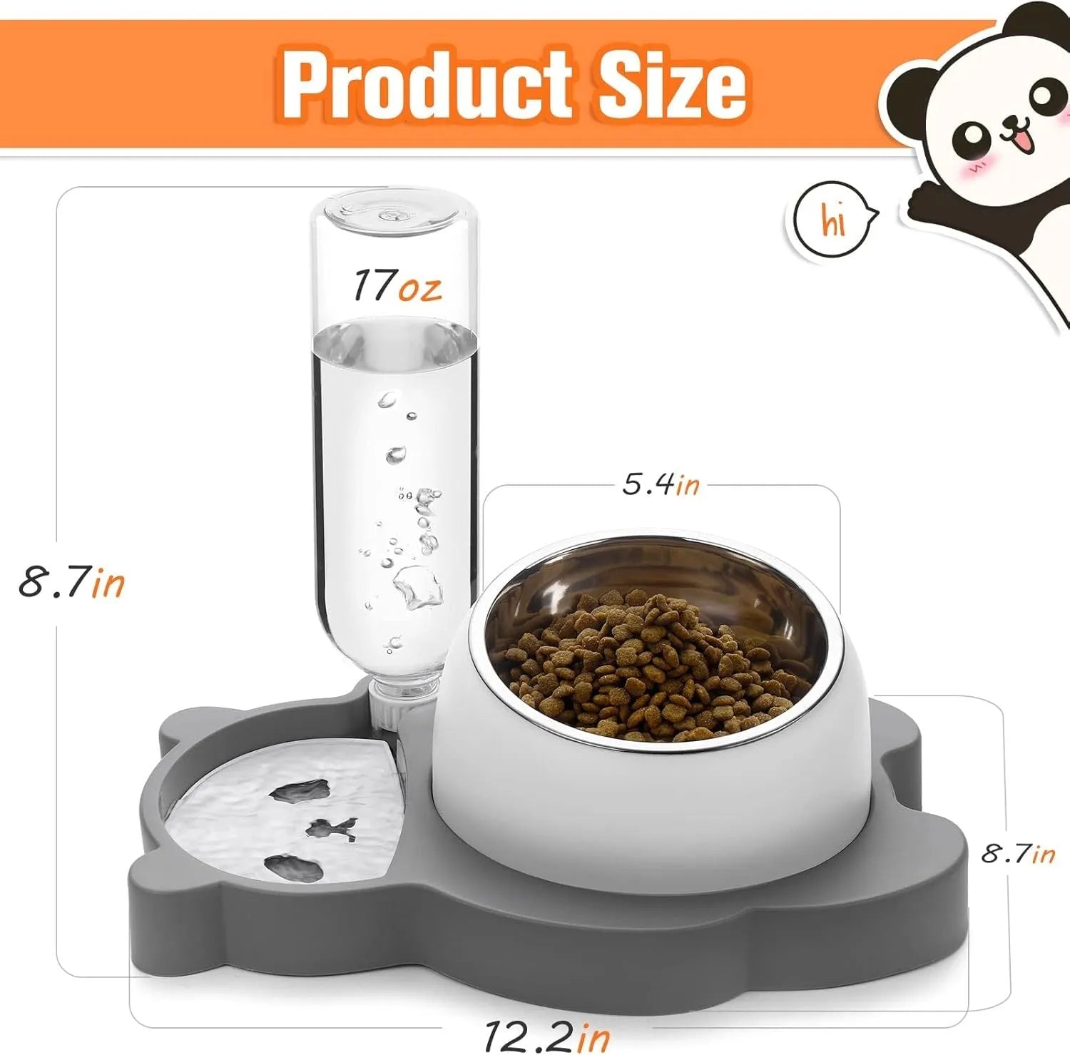 Grey and green tilted elevated pet bowl set with automatic water dispenser bottle for cats and small dogs.