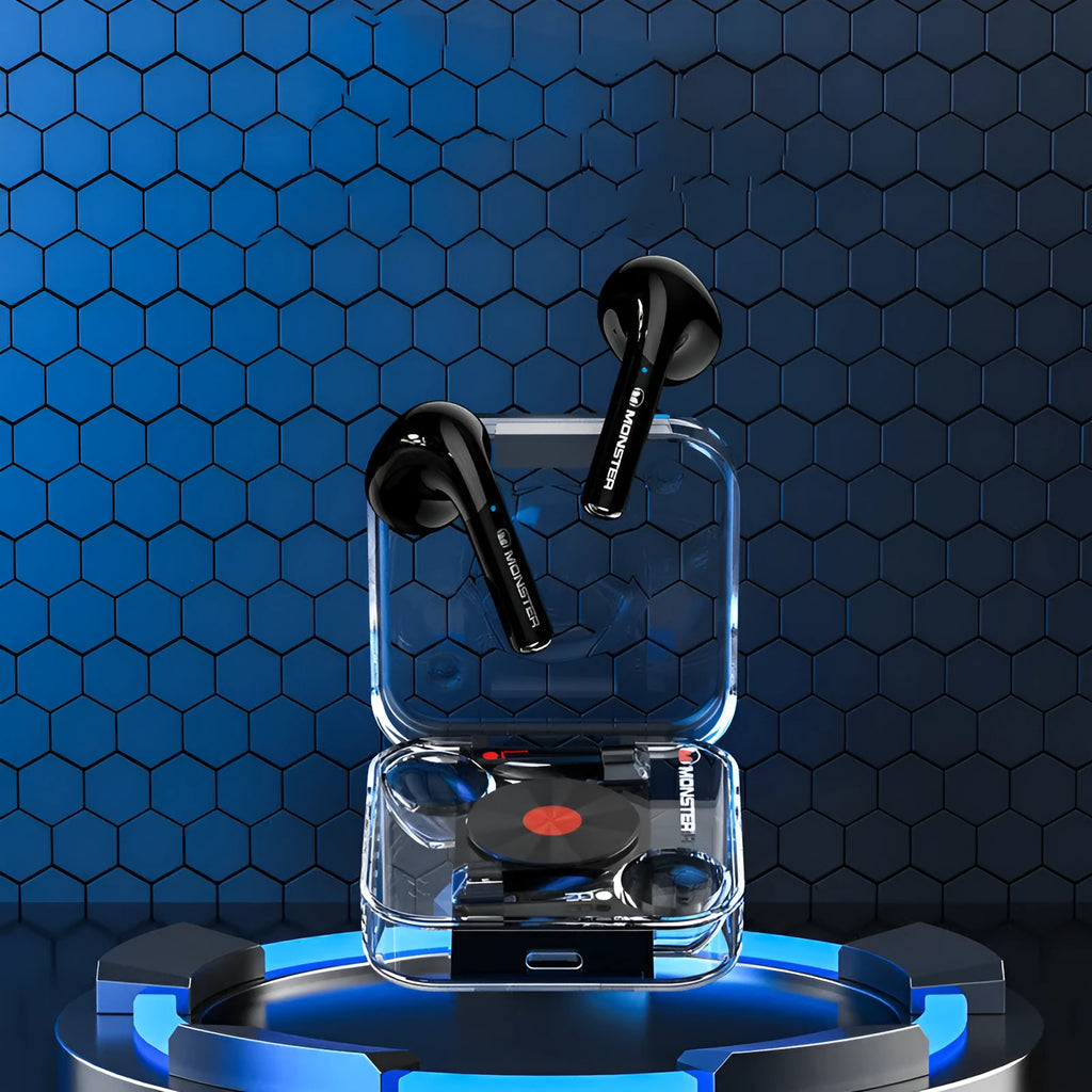 New wireless Bluetooth headset in black with Bass HD Black Technology and earplug design