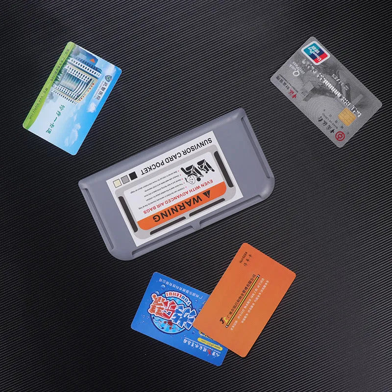 Black car sun visor card holder with four slots for driving licence and parking permits