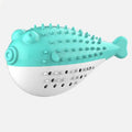 Blue silicone fish-shaped cat chew toy with measurements showing 12.2 cm length