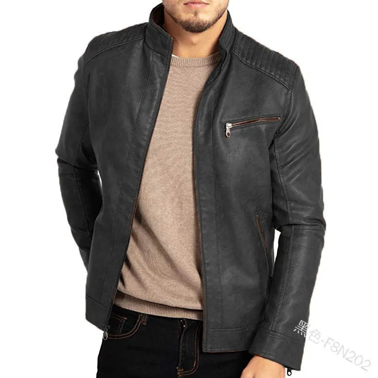 Men's brown artificial leather punk motorcycle jacket with a stand collar.