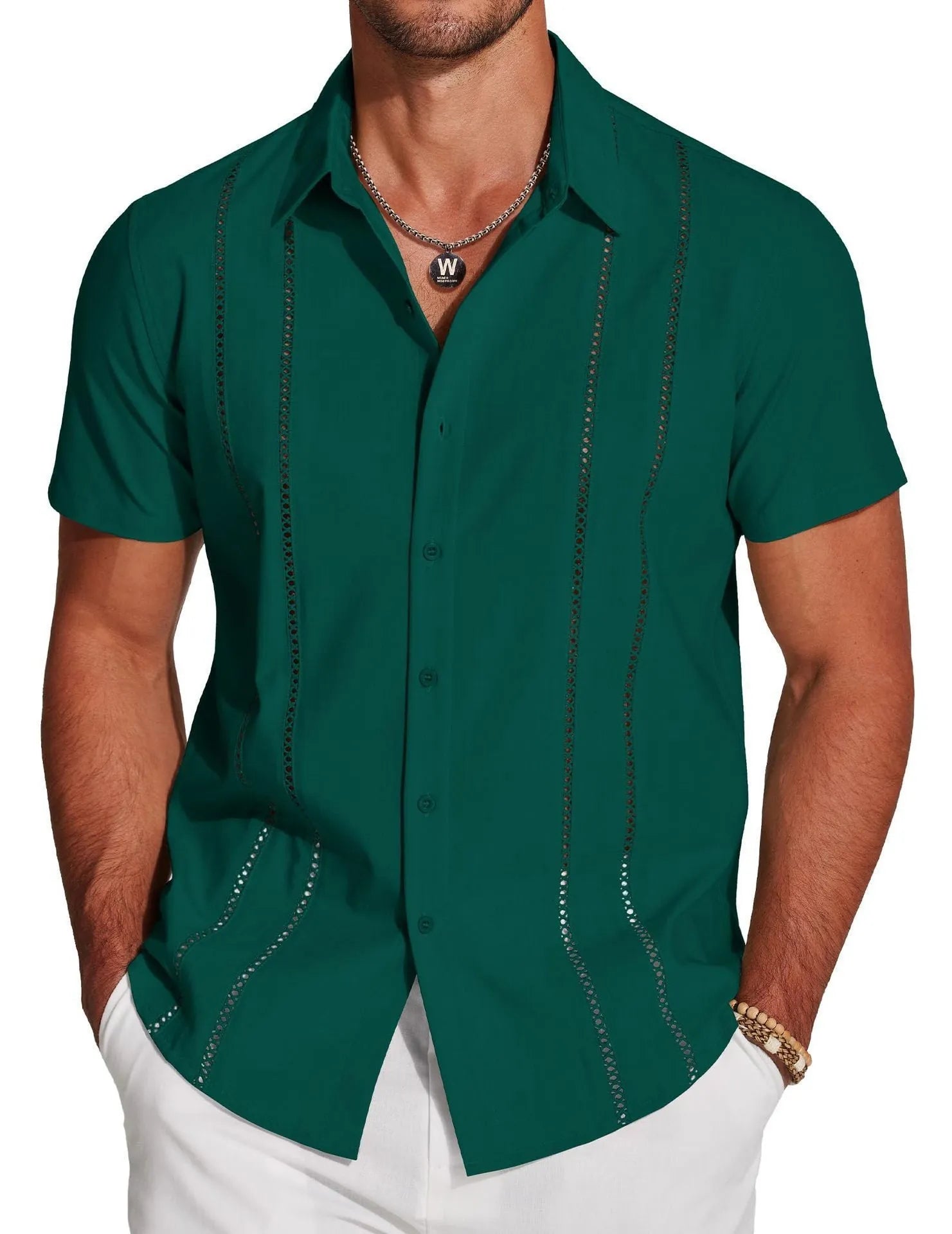 Men's slim fit Hawaiian shirt with digital print pattern and short sleeves showing elastic band construction
