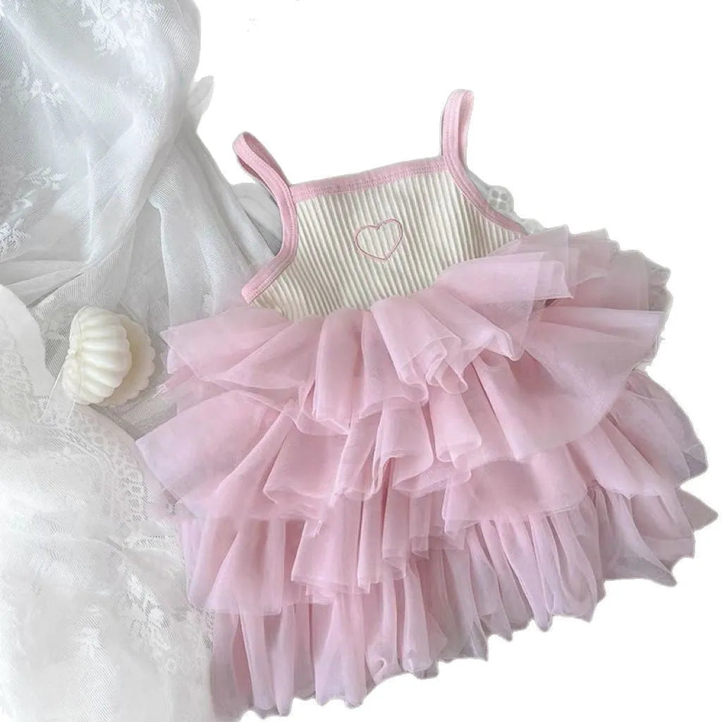 Girls cotton suspender baby cake dress in light blue, vest-skirt style, on a child, size 73-130cm
