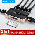 Grey three-in-one-out HDMI switcher with remote control and 4K 30Hz support