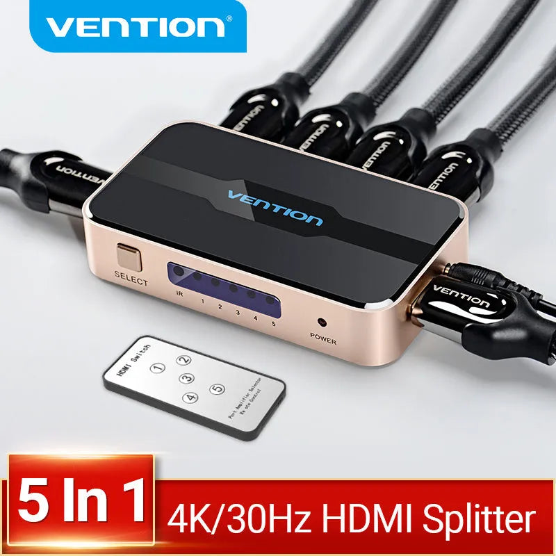 Grey three-in-one-out HDMI switcher with remote control and 4K 30Hz support