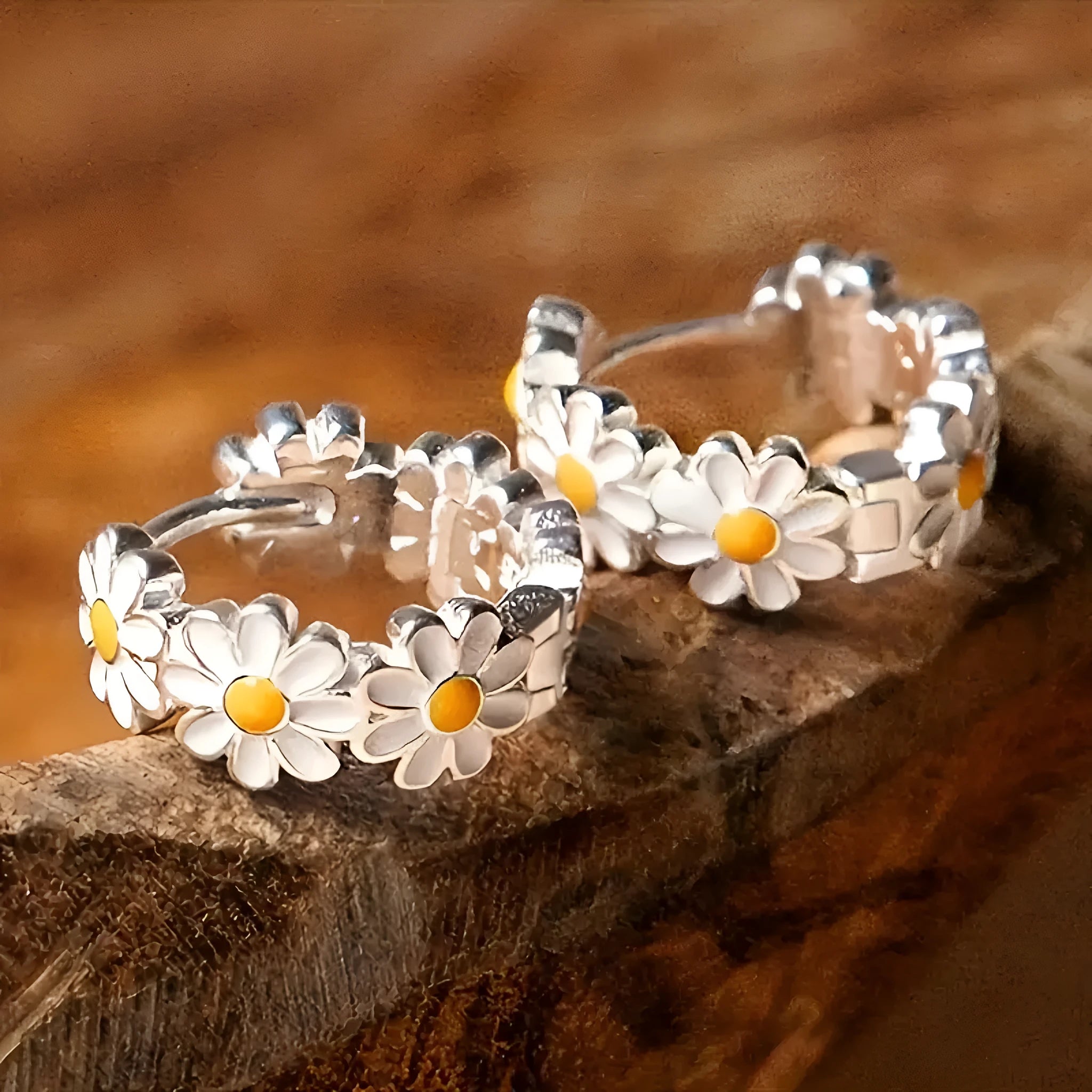 White daisy flower ring earrings with platinum accents on copper base for fashion OL style