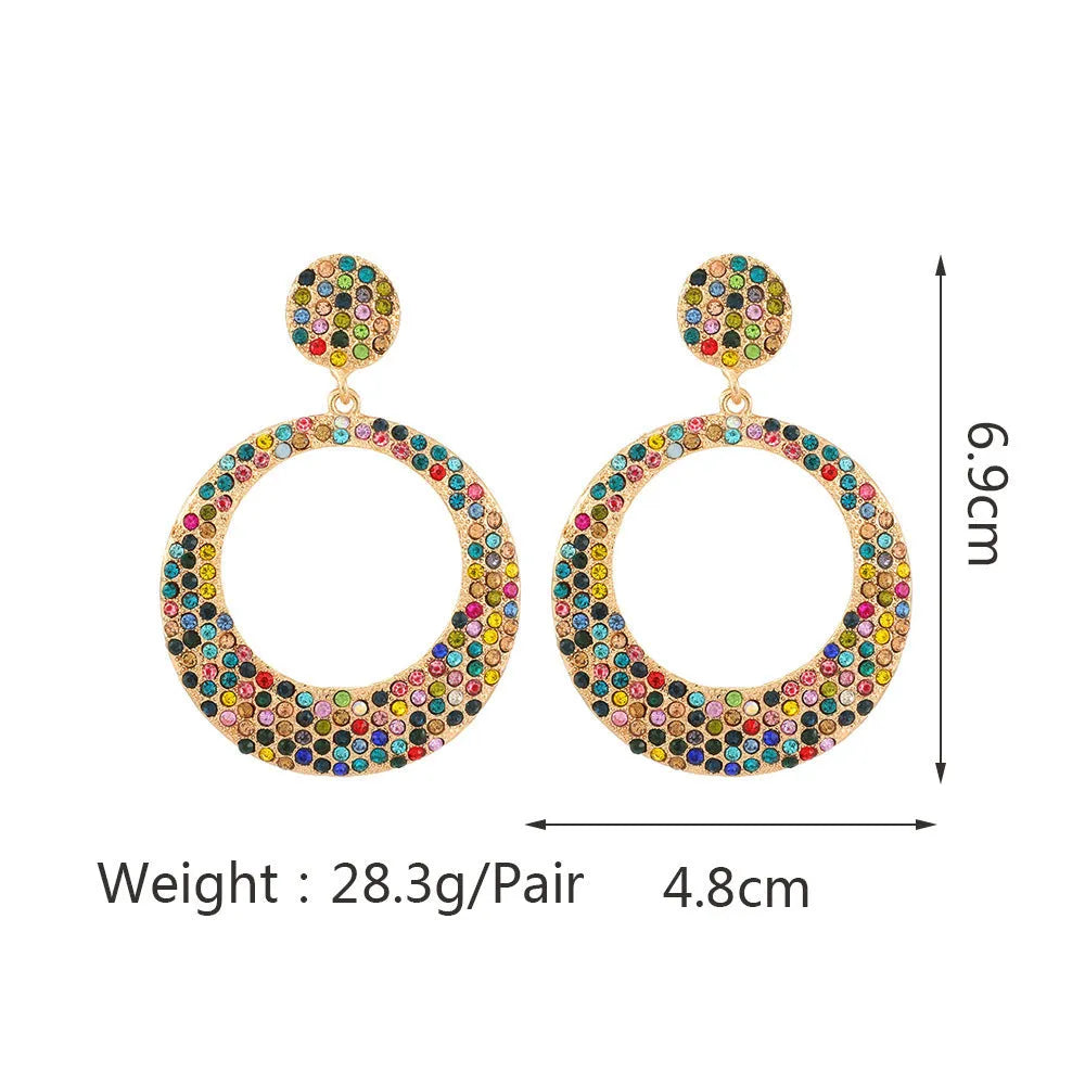 Large round metal earrings with diamond pattern and colourful cartoon design for women