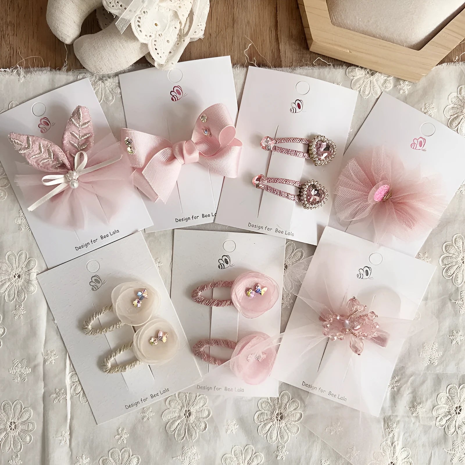 Children's press clip hair accessories set with cloth bows, sequins, pearls, and crystal flowers in pink and beige