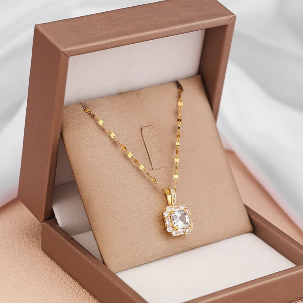 Geometric quadrilateral pendant necklace with mixed gemstones on water wave chain