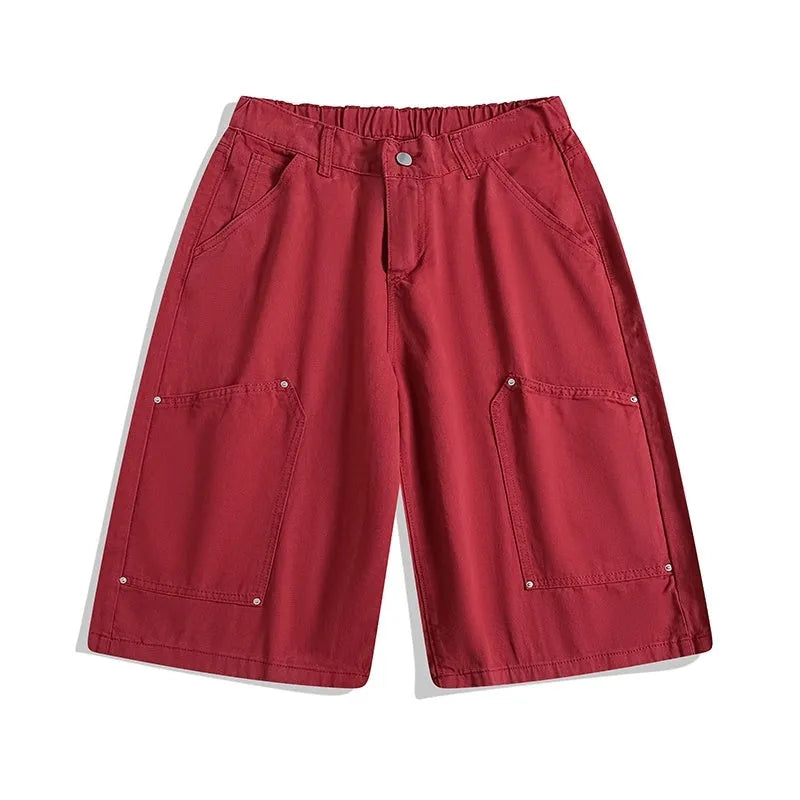 Women's workwear-style cropped pants in wide-leg shorts design with rivet detailing