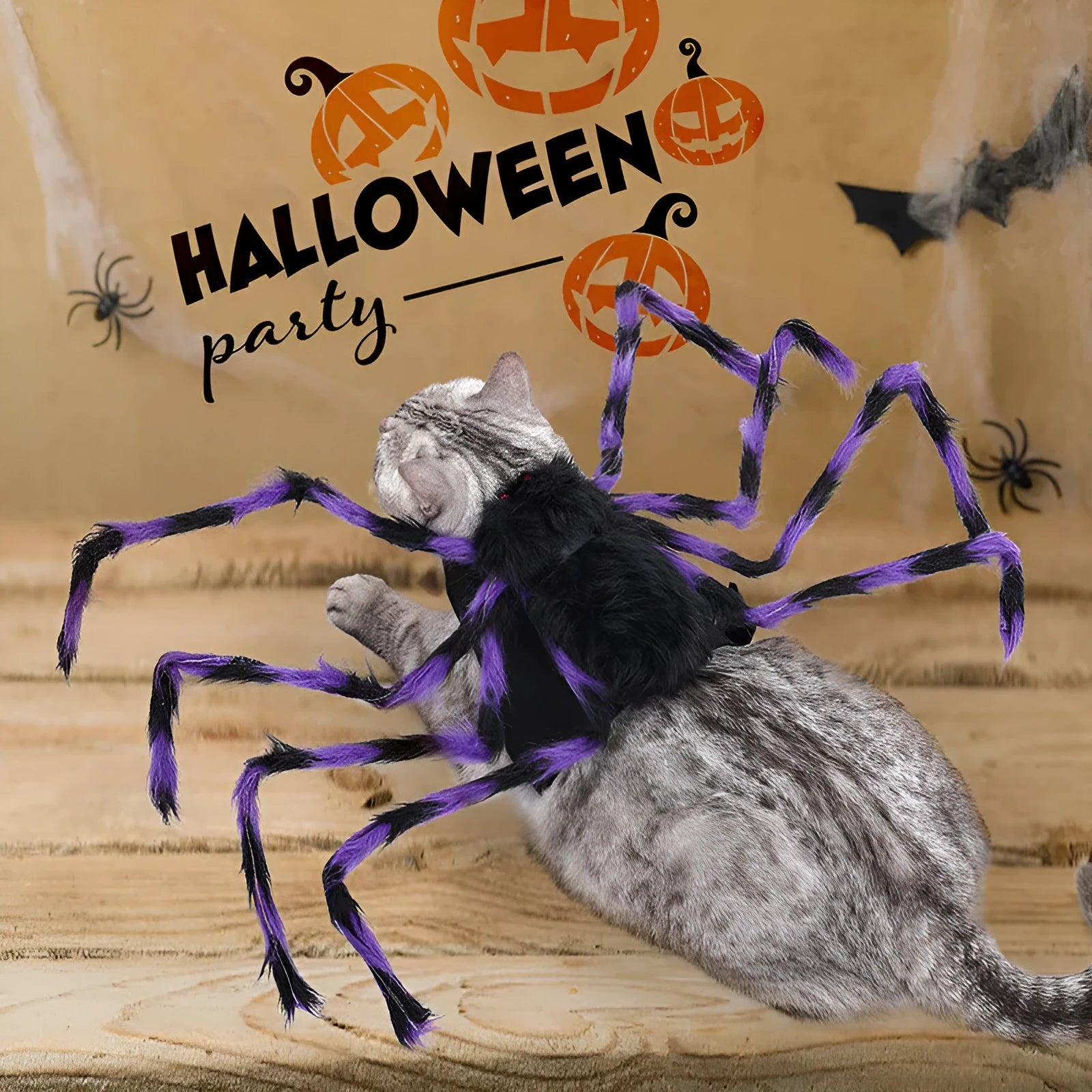 Grey spider Halloween costume on a dog showing the full outfit with multiple legs.