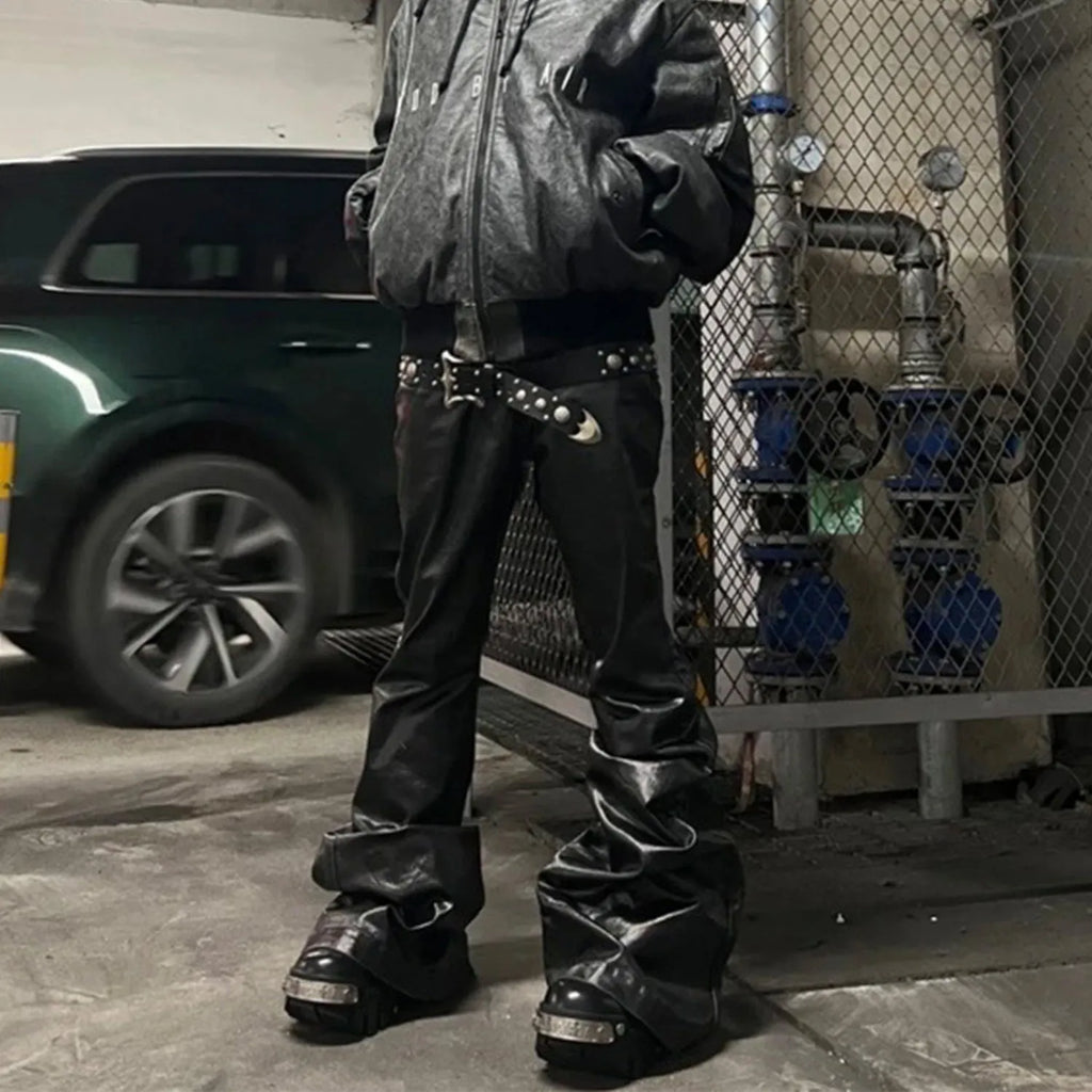 Black straight-leg jeans with patent leather coating on cotton denim fabric