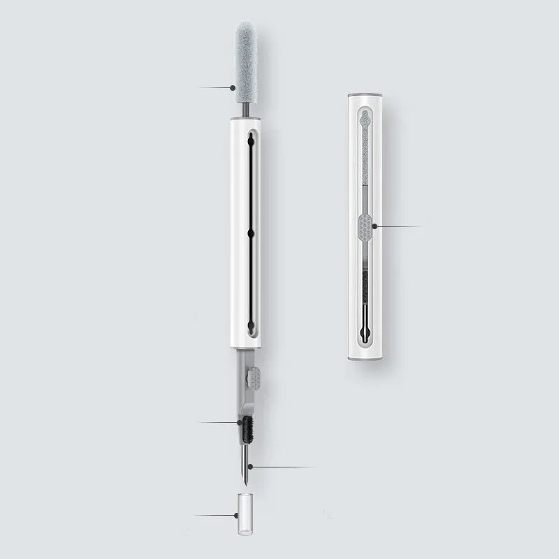 White 3-in-1 headset cleaning pen with ABS, metal, and sponge tips on blue background