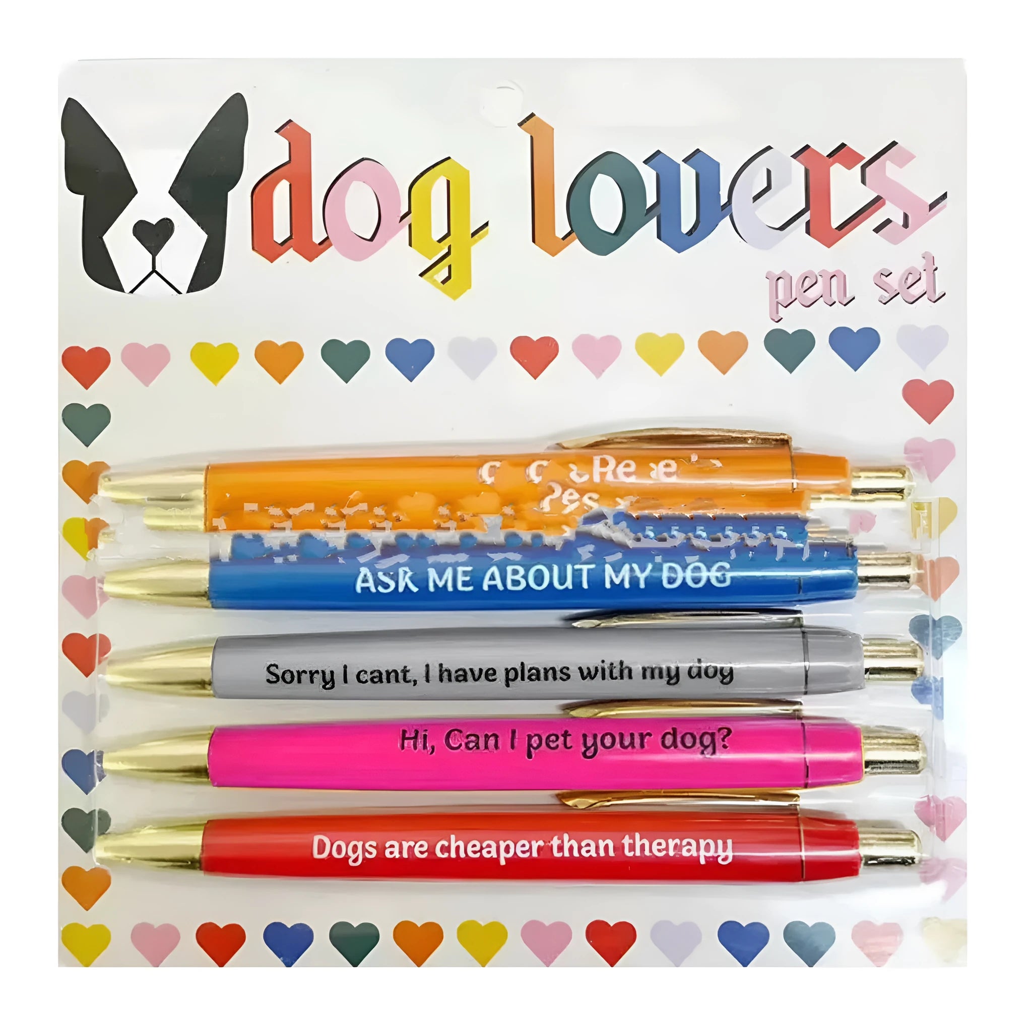 Set of five automatic push-action pens with cats or dogs designs in beaded storage bag