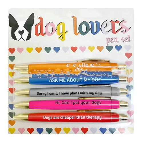 Set of five automatic push-action pens with cats or dogs designs in beaded storage bag