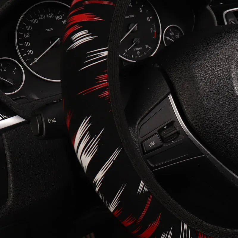 Car steering wheel cover without inner ring elastic band sports style imitation leather black red