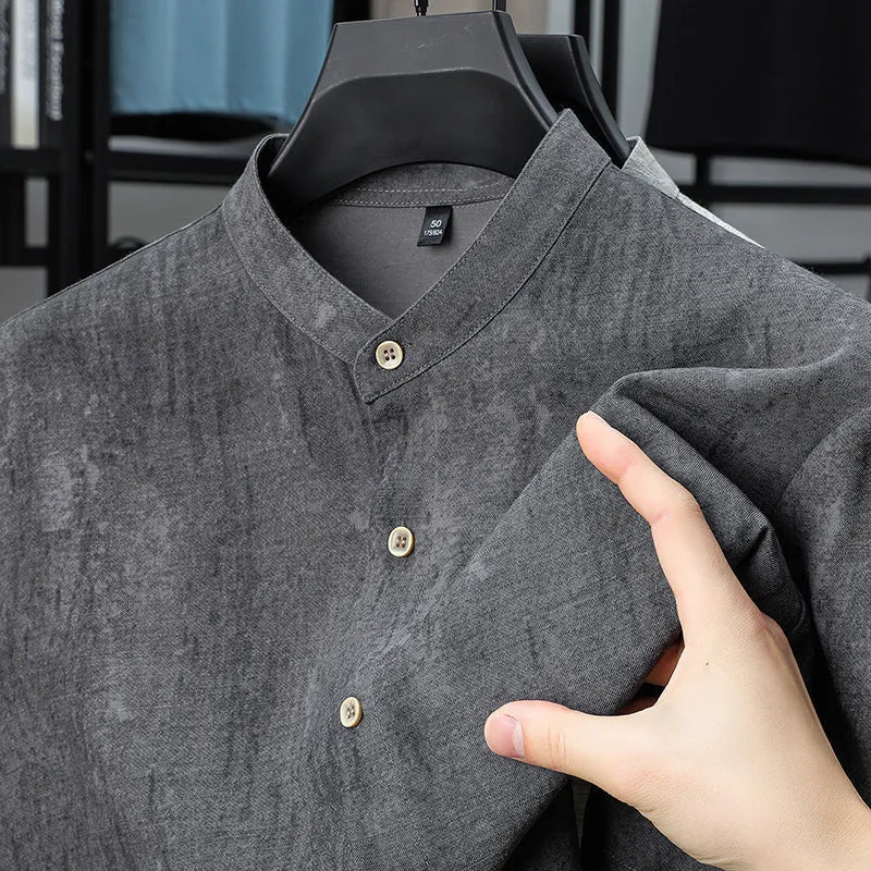 Men's loose linen cardigan shirt with stand collar in chemical fibre blend fabric