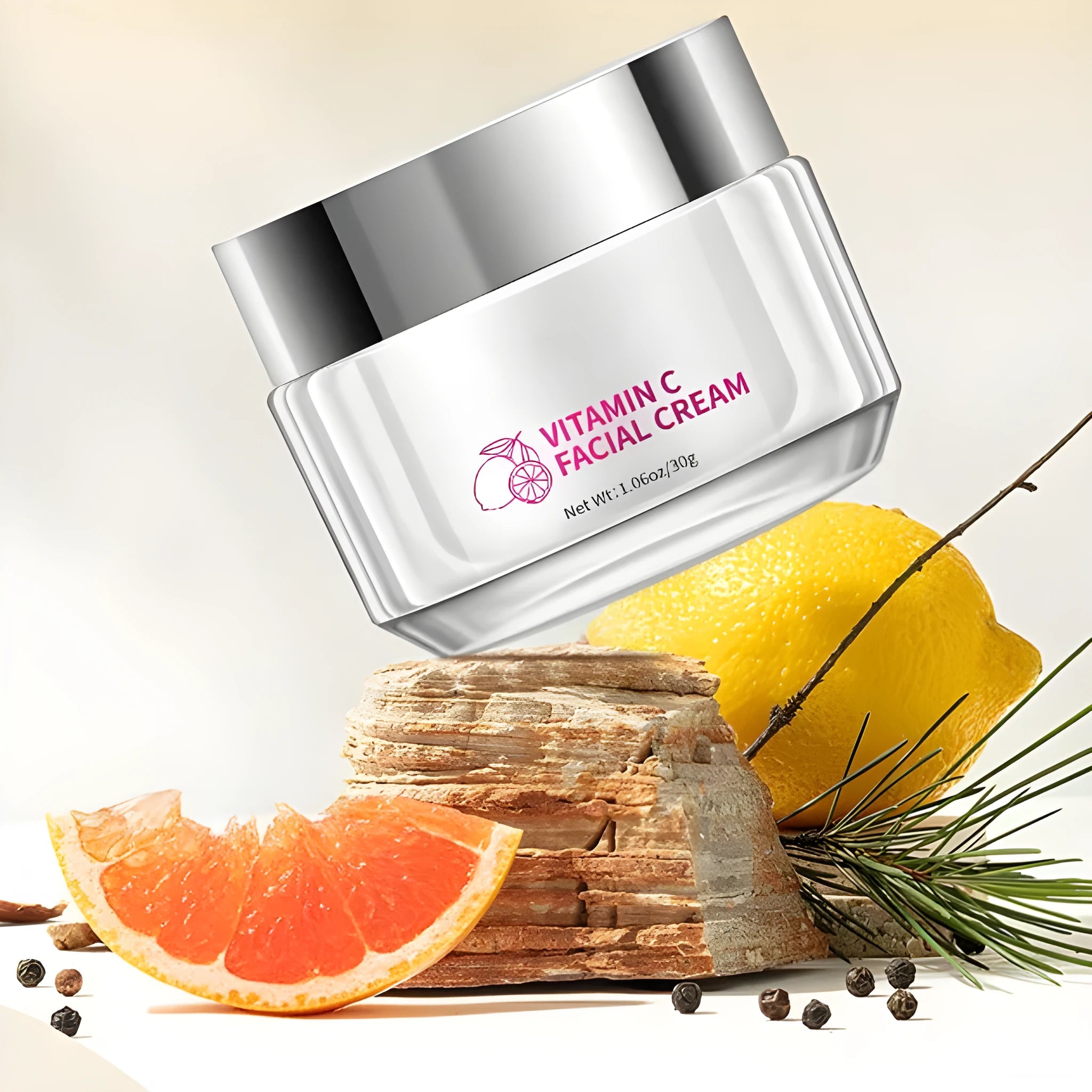 30g Vitamin C face cream pot for universal skin types, showing product dimensions.