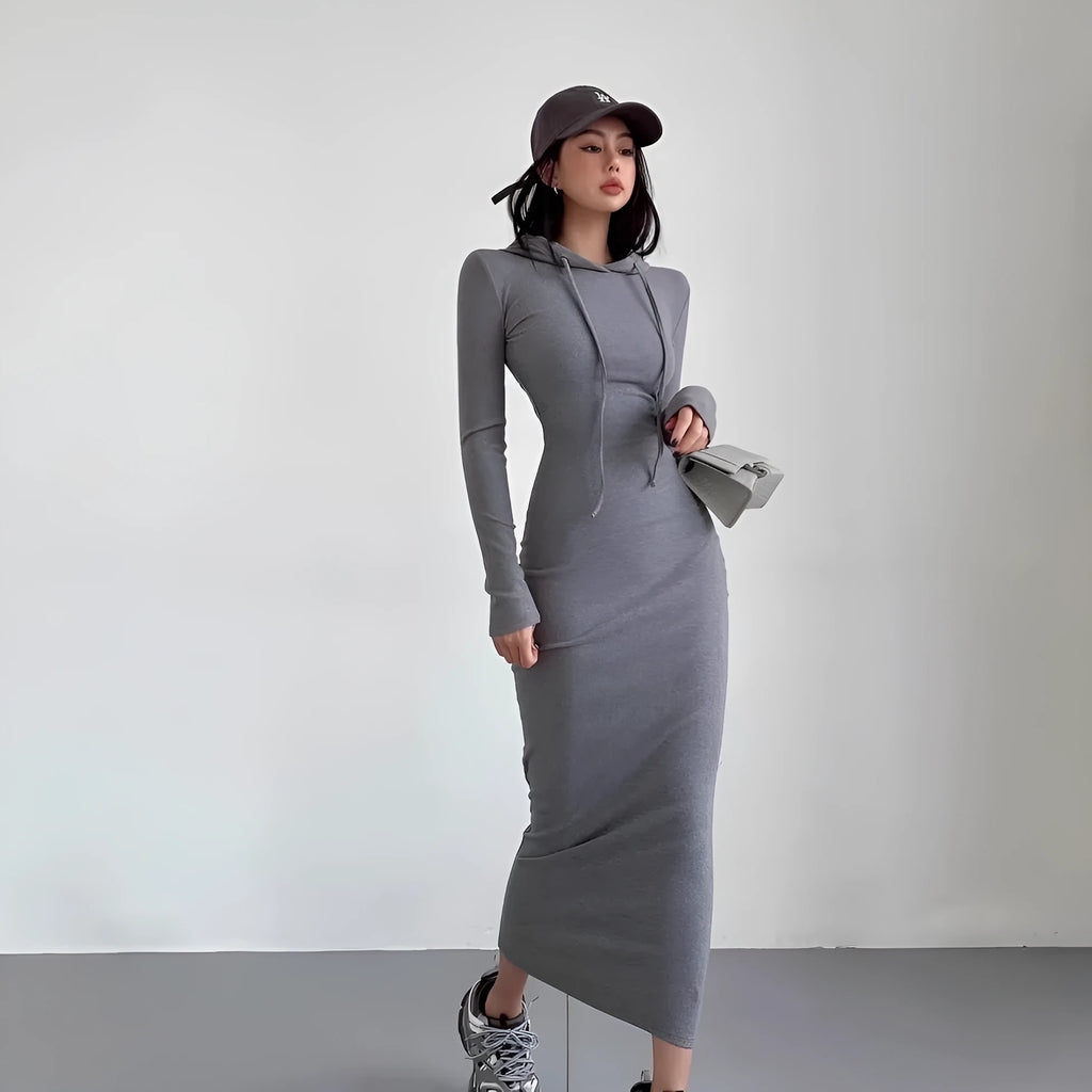 Women's grey hooded sheath dress with long sleeves and a high waist.