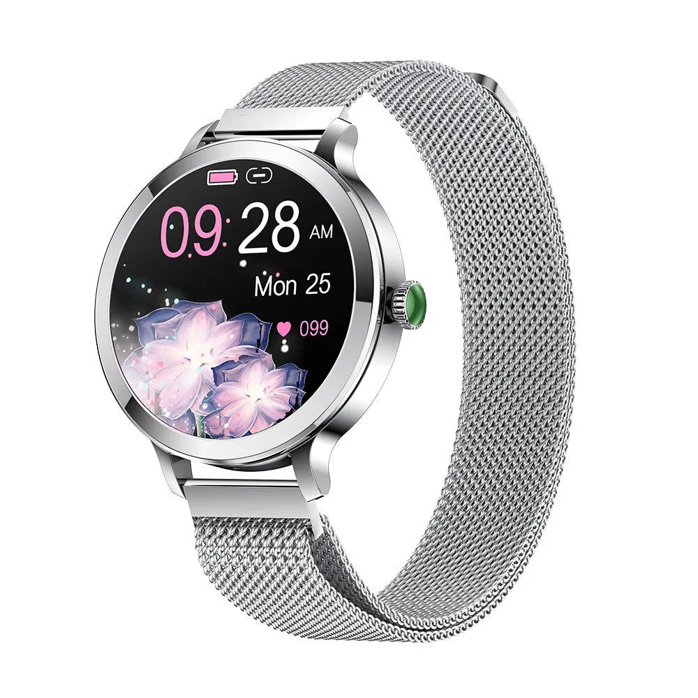 Women's AMOLED smart watch with Bluetooth calling and blood pressure monitoring on a wrist, gold steel finish, 1.106 inch screen