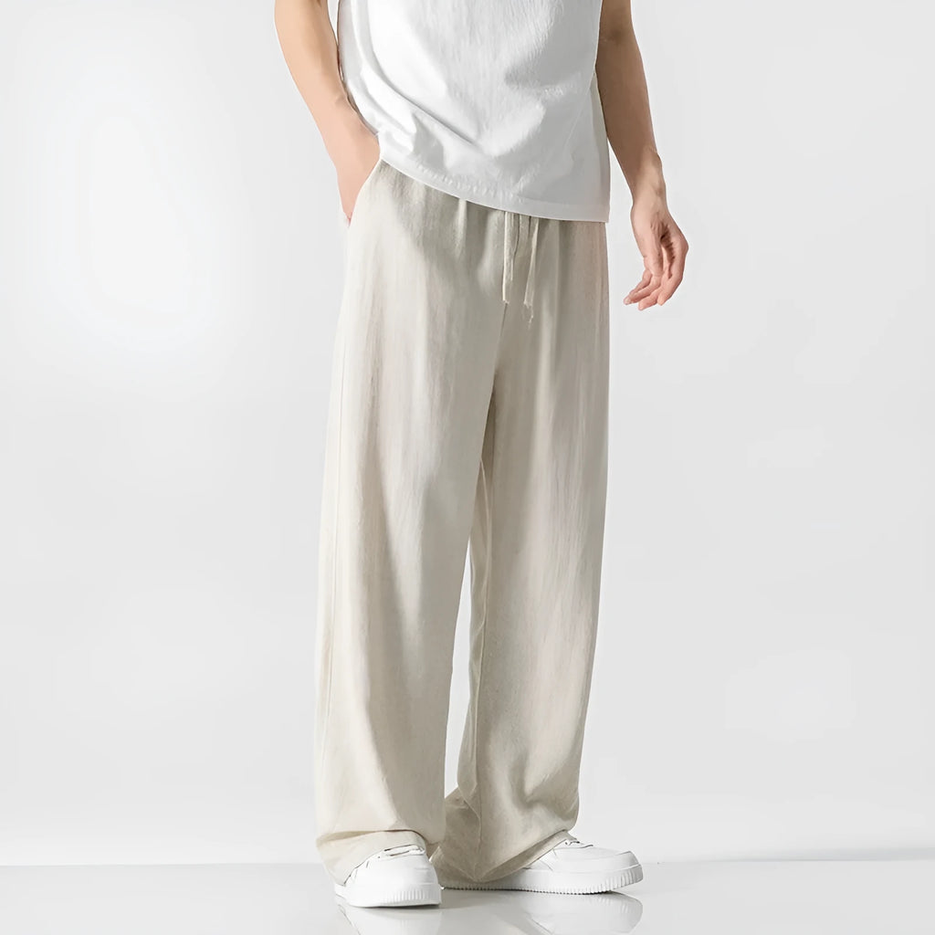 Men's bamboo fibre linen trousers with drawstring waist in straight-leg cut