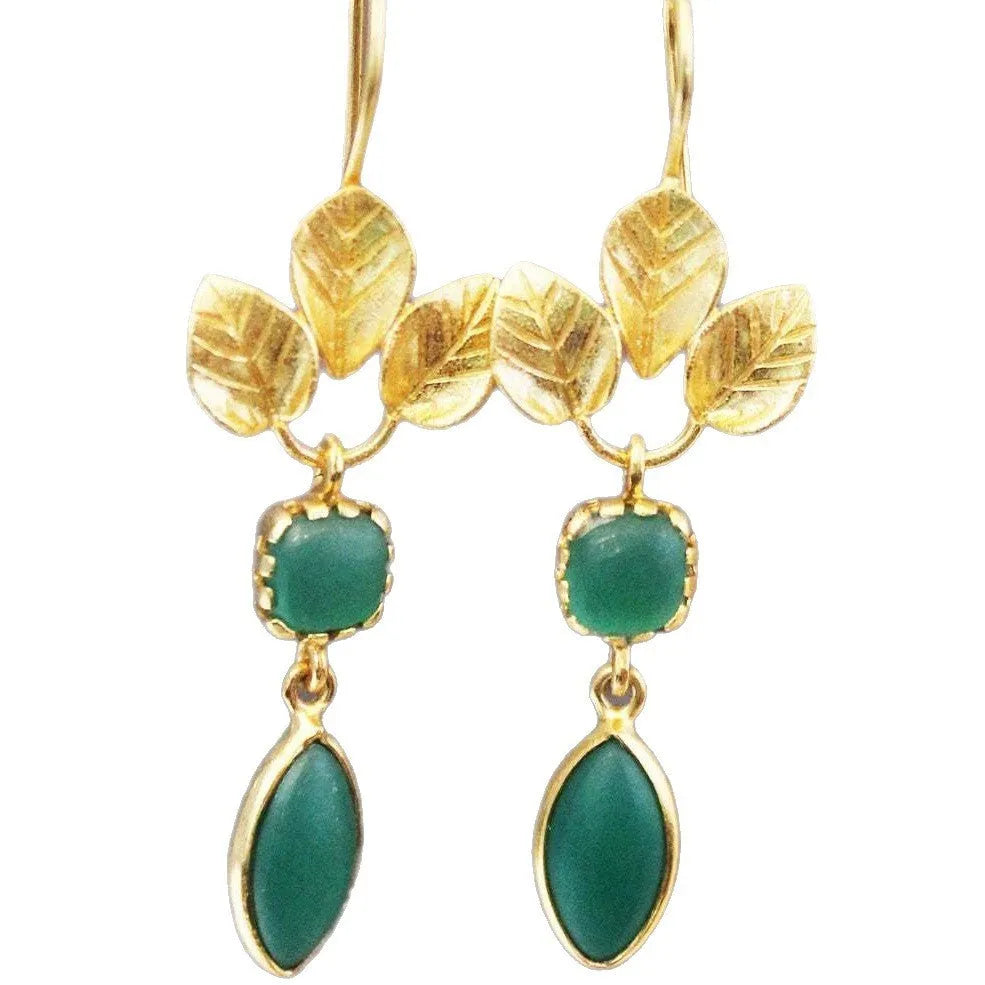Gold French leaves tassel drop earrings with water droplet design and retro styling