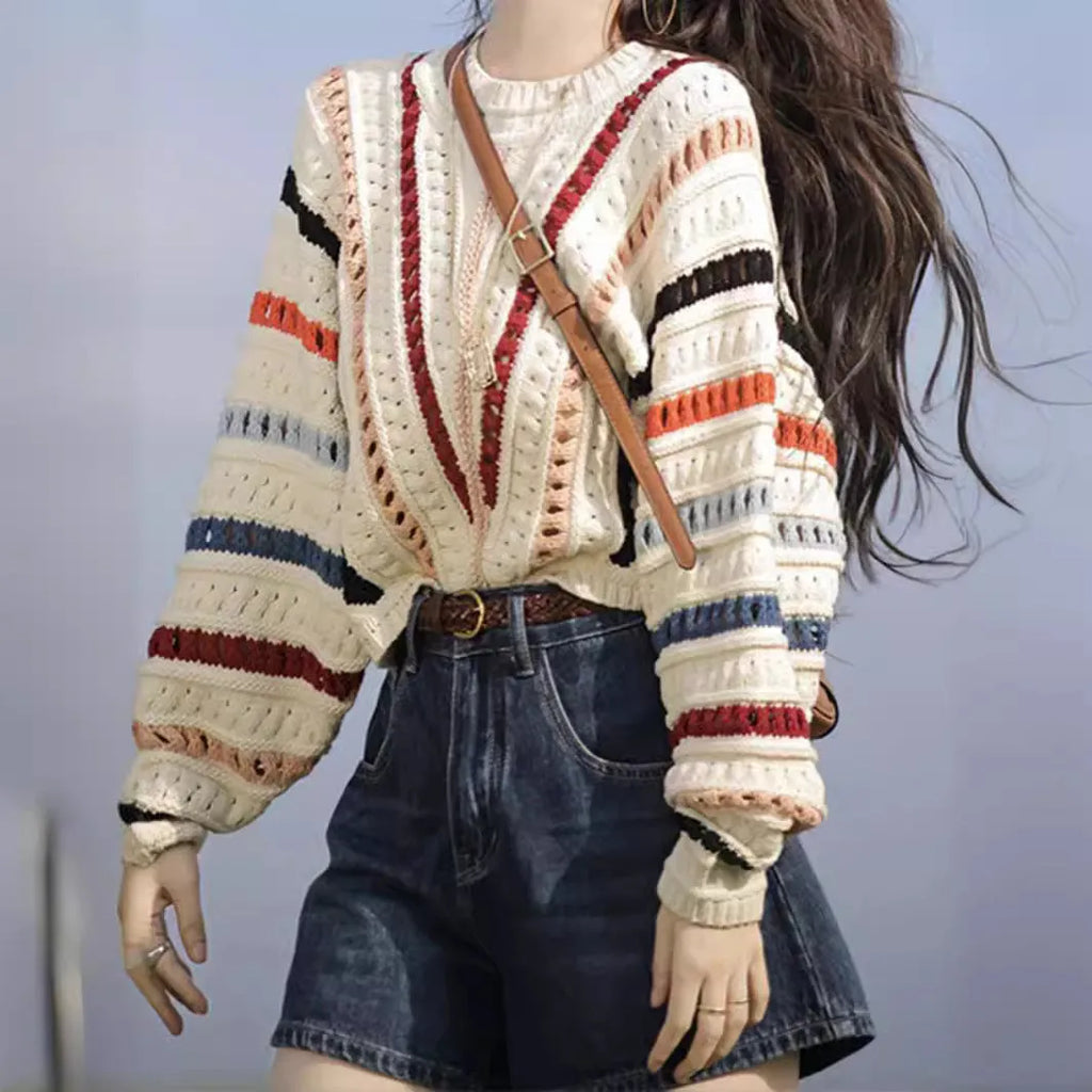 Rainbow striped batwing sleeve pullover sweater with round neck and loose fit