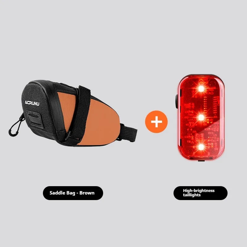 Bicycle waterproof rear bag with hanging taillight in black, 15x8x8cm capacity 1.5L, composite fabric, shows saddle attachment