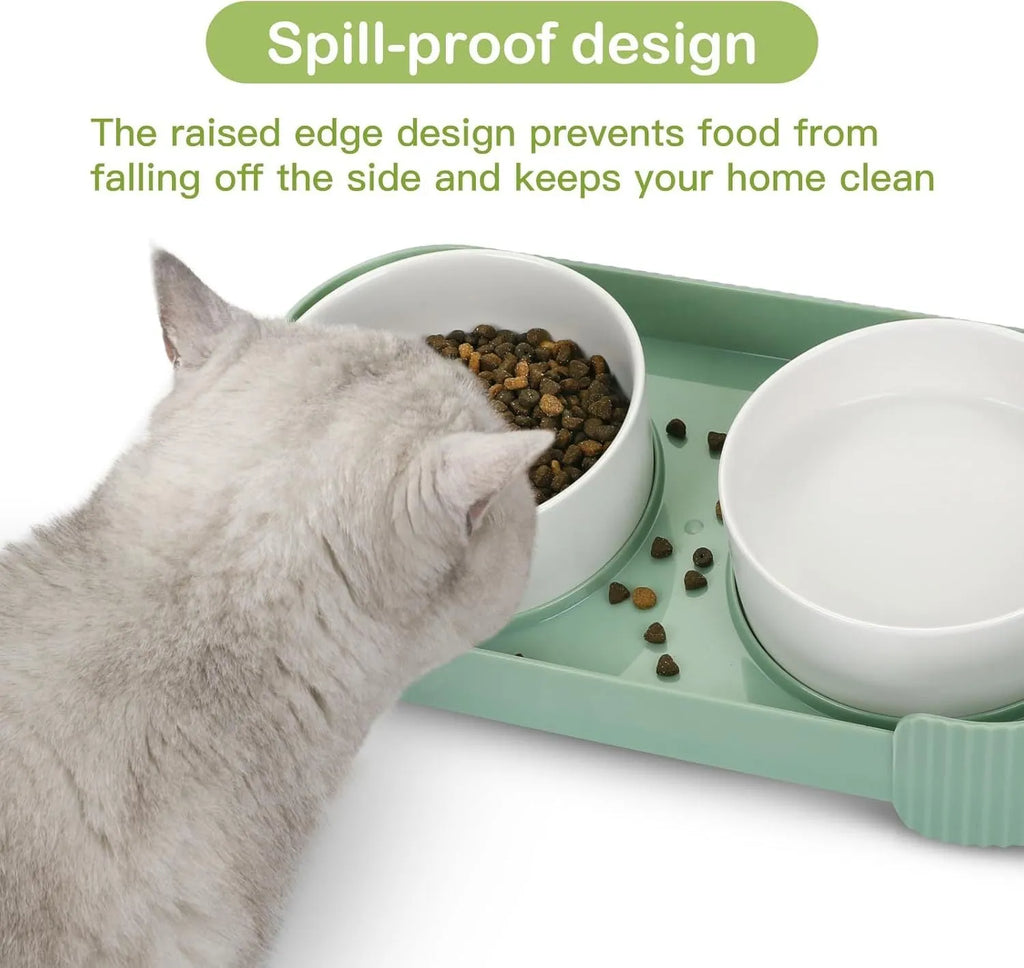 Green ceramic raised cat bowl set with two bowls on a tilted stand