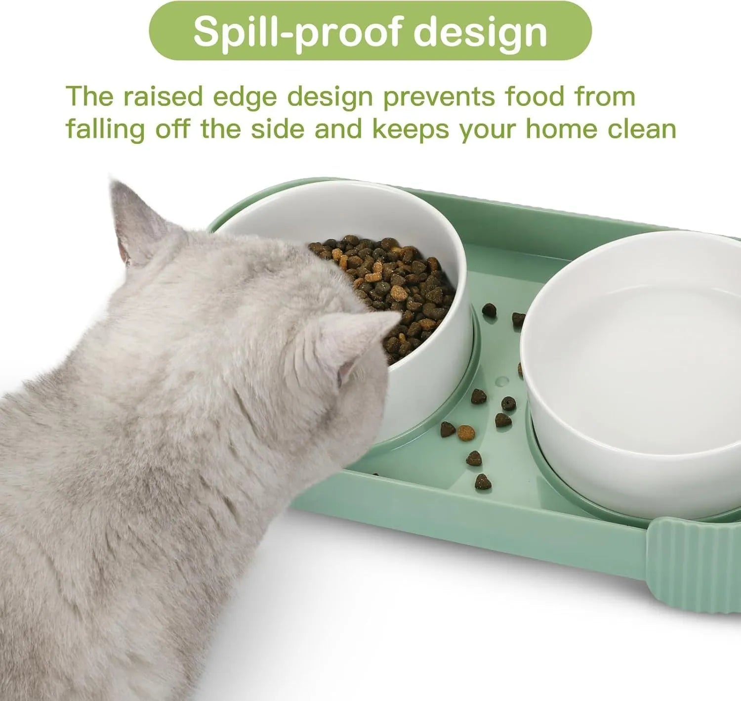 Green ceramic raised cat bowl set with two bowls on a tilted stand