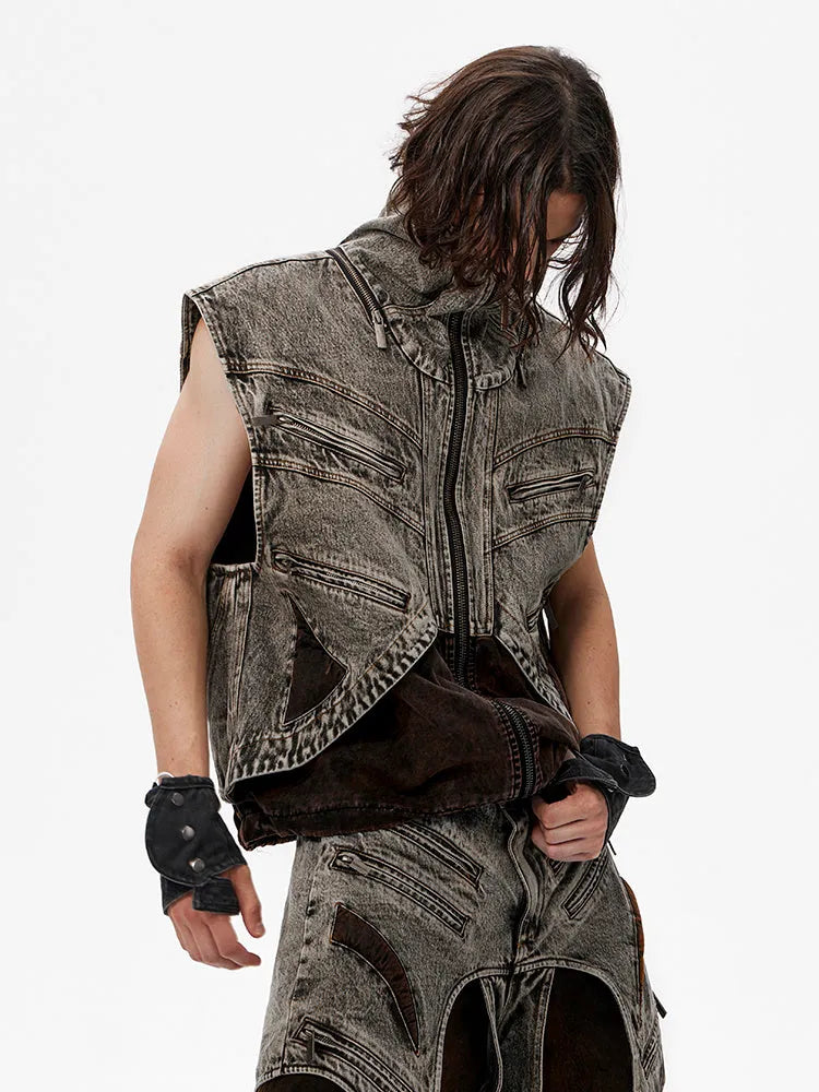 Men's blue denim vest with splicing design and zip front closure