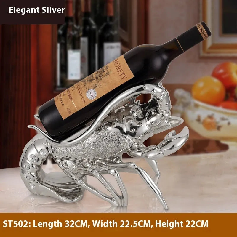 Lobster-shaped decorative wine bottle holder ornament in rose gold or silver resin.