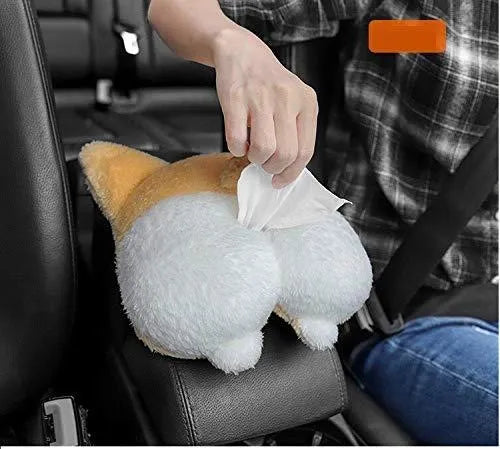 Yellow corgi butt-shaped car tissue box holder mounted on sun visor with elastic backing