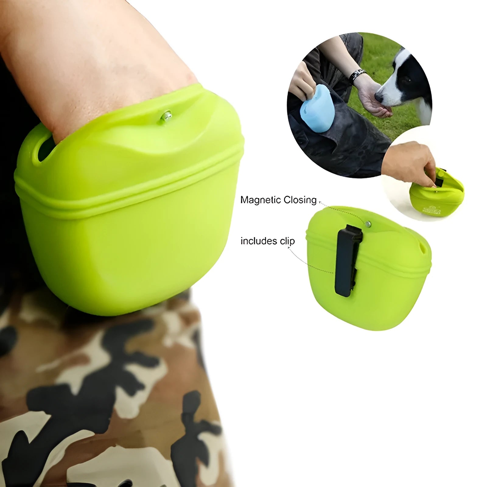 Silicone dog training treat waist bag with clip and magnetic semi-closed opening in assorted colours