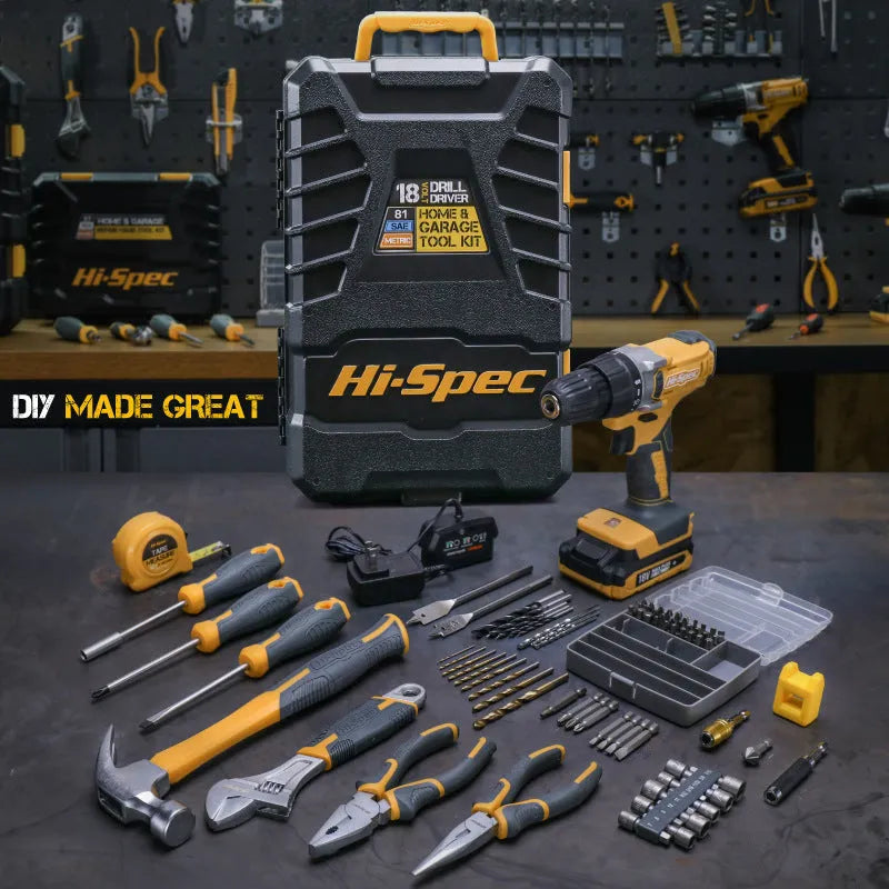 Grey yellow US style case open to show 82-piece chrome-vanadium steel home repair tool set