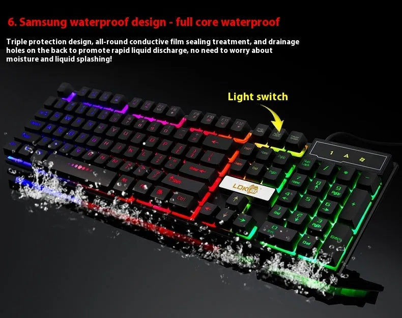 Gaming keyboard USB cable with glowing LED strip in white or black colour options