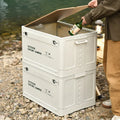 Large green foldable plastic storage box with a wooden lid on a white background.