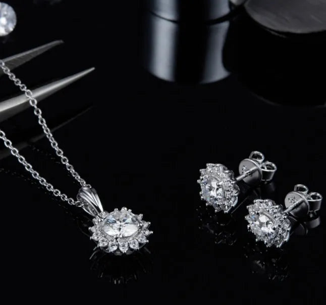 925 silver three-piece jewellery set with moissanite pendant necklace, stud earrings, and bracelet on display