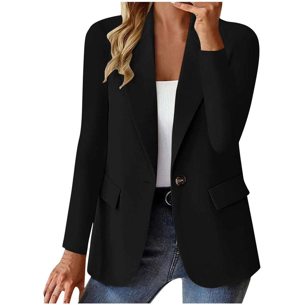 Women's slim fit long sleeve solid color cardigan jacket with pockets in black, front view