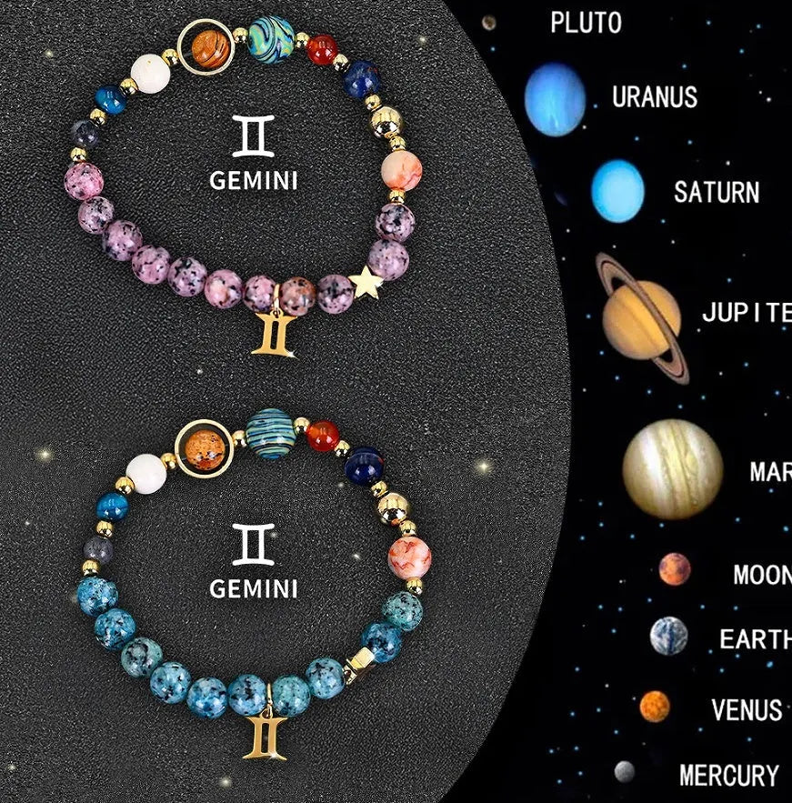 Natural stone zodiac beaded bracelet set showing two matching bracelets with astrology-themed design