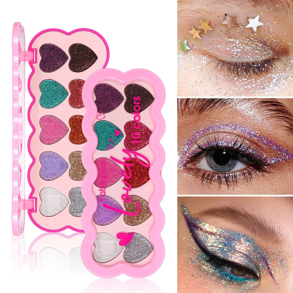Ten-colour pearlescent heart sequin eyeshadow palette showing multiple shades