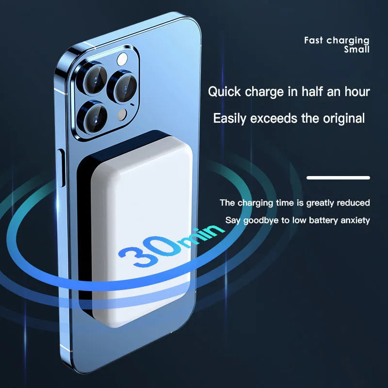 Magnetic wireless power bank in plastic case with 20000mAh capacity showing pink, purple, white colour options