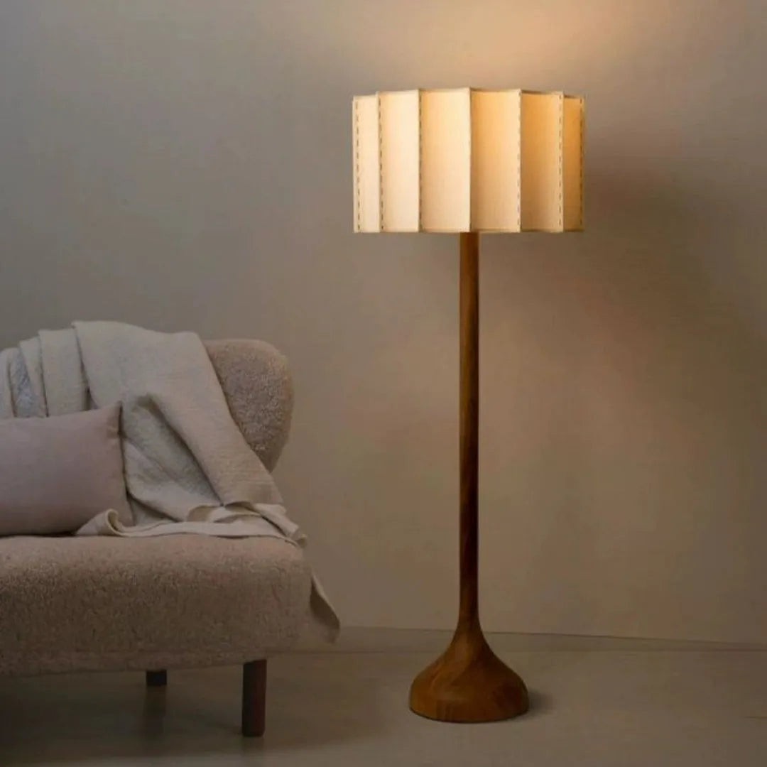 Japanese-style solid wood table lamp with three-colour light, 32x50cm size, on wooden side table in living room