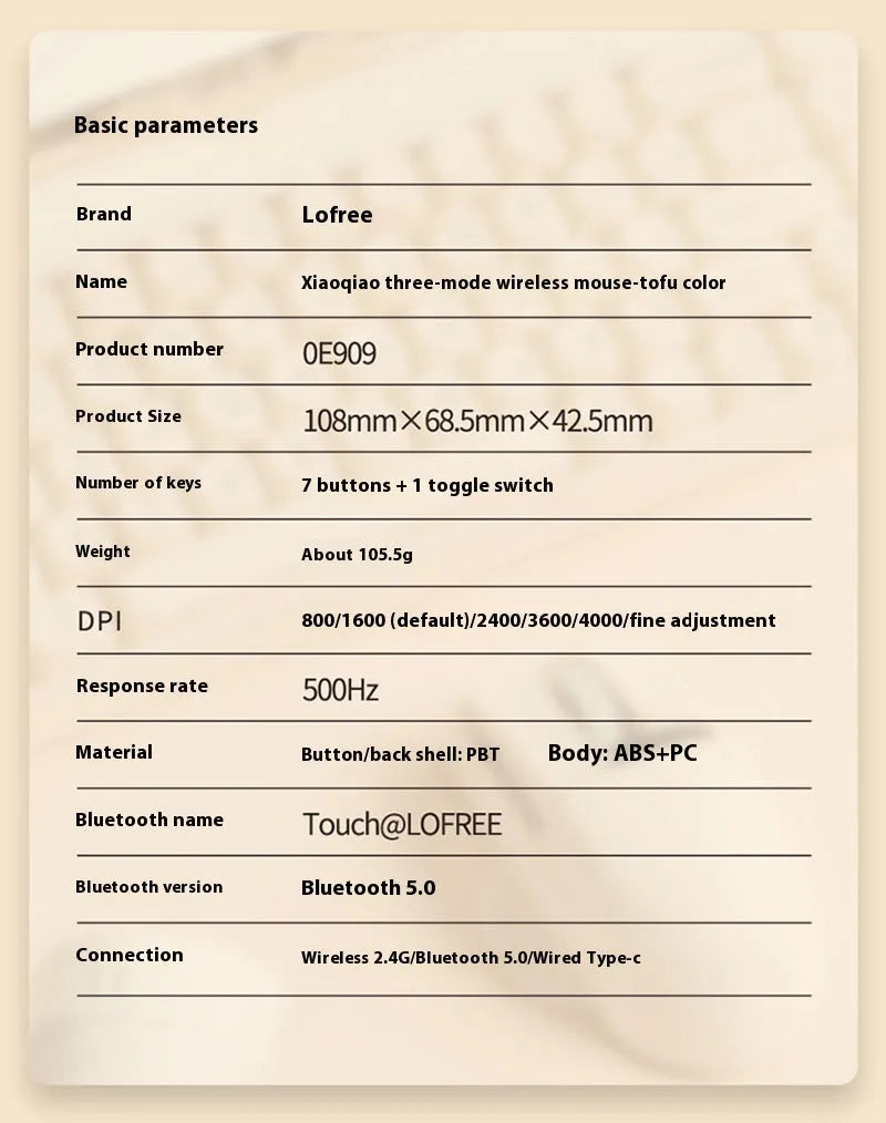 Xiaoqiao wireless mouse in standard size with seven buttons, four-way scroll wheel, and Type-C charging port