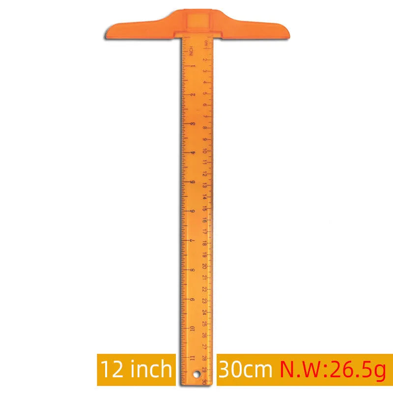 Transparent plastic T-shaped ruler with measurement scales for student design work