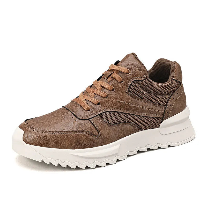 Men's black invisible wedge hidden heel casual sports shoes with synthetic leather upper and rubber sole, side view